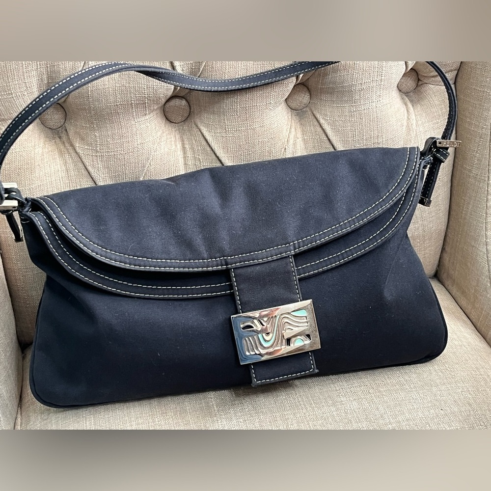 Fendi Navy Blue Fold-Over Baguette Bag - Picture 3 of 15